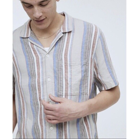 Madewell Shirt Men’s Small Beige Easy Short-Sleeve Stripe Linen Faded Wicker New - Picture 4 of 15
